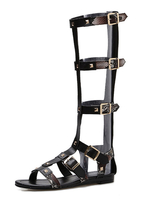Schwarz Gladiator Sandalen 2021 Damen öffnen Zehe Nieten Schnallen Detail Flache Sandalen
