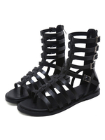 Schwarz Gladiator Sandalen PU-Leder Reißverschluss Flache Gladiator Sandalen