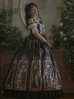 Schwarz Gothic Lolita JSK Kleid Neverland Blumendruck Kaskadierende Rüschen Schleifen Lolita Pullover Röcke