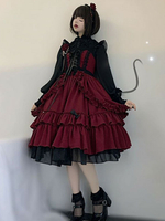 Schwarz Gotic Lolita JSK Kleid Neverland Burgund Ärmellose Schleifen Kaskadierende Rüschen Sieben Todsünden Zorn Lolita Pullover Röcke