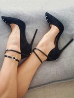 Schwarz High Heels 2020 Suede Spitze Rivets Stiletto-Absatz Fesselriemen Pumps Damen Sexy Schuhe