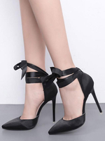 Schwarz High Heels Satin Spitzschuh Lace Up Pumps Frauen Party Schuhe