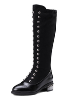 Schwarz Hohe Stiefel Frauen Wildleder Patchwork Runde Zehe Nieten Flache Stiefel Kniehohe Stiefel