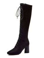 Schwarz Kniehohe Stiefel Frauen Karree Blockabsatz Schnürstiefel