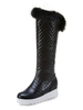 Schwarz Kniehohe Stiefel Frauen Runde Zehe Plattform Fell Detail Keilstiefel Winterstiefel