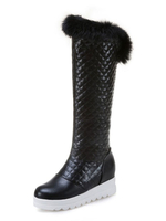 Schwarz Kniehohe Stiefel Frauen Runde Zehe Plattform Fell Detail Keilstiefel Winterstiefel