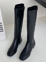Schwarz Kniehohe Stiefel quadratische Zehe-Zip Up Chunky Heel flache Knie-Länge Stiefel für die Frau