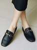 Schwarz Leder Slipper Square Toe Metall Details Freizeitschuhe Damen Loafer Schuhe