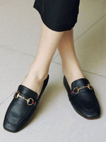 Schwarz Leder Slipper Square Toe Metall Details Freizeitschuhe Damen Loafer Schuhe