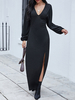 Schwarz Maxi-Kleid-Frauen V-Ausschnitt Langarm Unregelmäßige lange Kleid