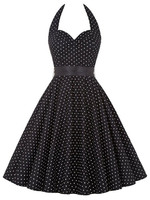 Schwarz mit Polka-Tupfen 50er jahre mode und Schleife ärmellos und Halter gemischten Baumwollen im schicken & modischen Style knielang