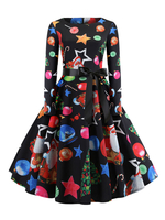 Schwarz mit Print Rockabilly Kleid und langen Ärmeln und Rundkragen Polyester 1950er Jahre Petticoat Kleid