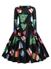 Schwarz mit Print Rockabilly Kleid und langen Ärmeln und Rundkragen Polyester 1950er Jahre Petticoat Kleid