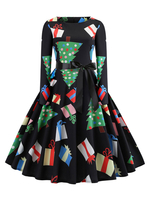 Schwarz mit Print Rockabilly Kleid und langen Ärmeln und Rundkragen Polyester 1950er Jahre Petticoat Kleid