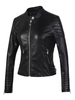 Schwarz Moto Jacke Frauen PU Jacke Stehkragen Taschen Zip Biker Jacke