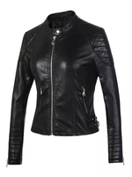 Schwarz Moto Jacke Frauen PU Jacke Stehkragen Taschen Zip Biker Jacke
