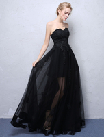 Schwarz Prom 2022 Kleider trägerlosen langen Partykleid Spitze Applique Schatz Illusion formale Abendkleid