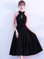 Schwarz Prom Kleider Kurz Cocktailkleid Halter Cutoff Ärmelloses Band Sash Little Black Dress