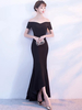 Schwarz Prom Kleider weg von der Schulter Kurzarm Meerjungfrau Satin asymmetrische formale Party Kleider