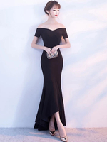 Schwarz Prom Kleider weg von der Schulter Kurzarm Meerjungfrau Satin asymmetrische formale Party Kleider