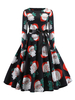 Schwarz Rockabilly Kleid 1950er Jahre mit Print und langen Ärmeln und Rundkragen Polyester Petticoat Kleid