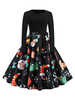 Schwarz Rockabilly Kleid Weihnachten-Motiv 1950er Jahre mit Gürtel und langen Ärmeln und Rundkragen gemischten Baumwollen Petticoat Kleid