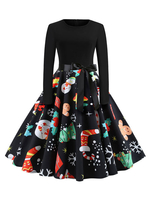 Schwarz Rockabilly Kleid Weihnachten-Motiv 1950er Jahre mit Gürtel und langen Ärmeln und Rundkragen gemischten Baumwollen Petticoat Kleid
