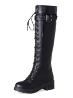 Schwarz Schnürstiefel Frauen Kampfstiefel Runde Kappe Metall Detail Kniehohe Stiefel