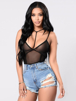 Schwarz Sexy Bodysuit Tüll T-Träger Semi Sheer Club Top