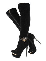 Schwarz Sexy Schuhe Plattform Mandel Schnalle Detail Reißverschluss High Heel Overknee Stiefel