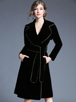 Schwarz Trenchcoat Velour Langarm Kerbe Kragen Wrap Mantel für Frauen