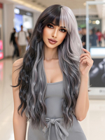 Schwarz-weiße Farbverlaufsperücken mit langem lockigem Haar und Pony für Frauen 2025