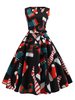 Schwarz Weihnachten-Motiv Rockabilly Kleid mit Gürtel und Rundkragen gemischten Baumwollen 1950er Jahre Petticoat Kleid