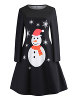 Schwarz Weihnachten-Motiv Rockabilly Kleid mit langen Ärmeln und Rundkragen 1950er Jahre gemischten Baumwollen Petticoat Kleid