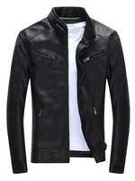 Schwarze Herrenjacke2020 Reißverschluss Taschen PU Slim Fit Jacke für Männer