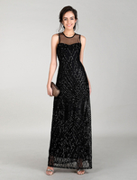 Schwarze Abendkleider Maxi Pailletten Abiballkleid Illusion Neck Semi Formal Dress
