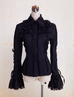 Schwarze Baumwolle Lolita Bluse lange Hime Ärmel Spitze Lace Trim Turn-Down-Kragen