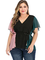 Schwarze Bluse für Frauen High Low Design Schnürung V-Ausschnitt Kurzarm Polyester Casual Summer Tops