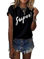 Schwarze Bluse für Frauen Jewel Neck Short Sleeves Letters Print Übergroßes T-Shirt