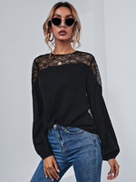 Schwarze Bluse für Frauen Langarm Juwelenhals Polyester Spitze Sommer T-Shirt