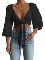Schwarze Bluse für Frauen Polyester Schnürung Halbarm Lässig Sommer Tops
