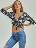 Schwarze Bluse für Frauen Polyester Turndown Kragen geknotet zweifarbige geknotete Knöpfe lange Ärmel Sexy Tops