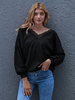 Schwarze Bluse für Frauen Polyester V-Ausschnitt Spitze Rüschen Langarm Casual Tops