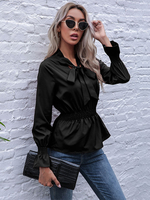 Schwarze Bluse für Frauen V-Ausschnitt Lange ausgestellte Ärmel Polyester Casual Tops