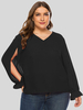 Schwarze Bluse in Übergröße für Frauen Langarm-Chiffon-Sommeroberteil mit V-Ausschnitt
