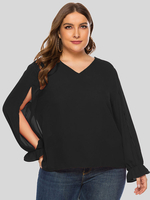 Schwarze Bluse in Übergröße für Frauen Langarm-Chiffon-Sommeroberteil mit V-Ausschnitt