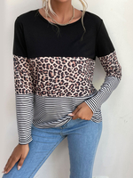 Schwarze Bluse mit langen Ärmeln Farbblock Stretch Jewel Neck Polyester Damen T-Shirt