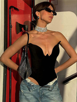 Schwarze Bodys mit tiefem V-Ausschnitt trägerlos rückenfrei sexy Damen-Tops 2025