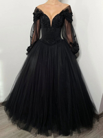 Schwarze Brautkleider A-Linie lange Ärmel Spitze mit Schleppe Brautkleid kostenlose Anpassung