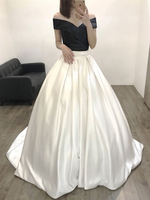 Schwarze Brautkleider Satin eine Linie von der Schulter kurzen Ärmeln Brautkleid mit Zug
